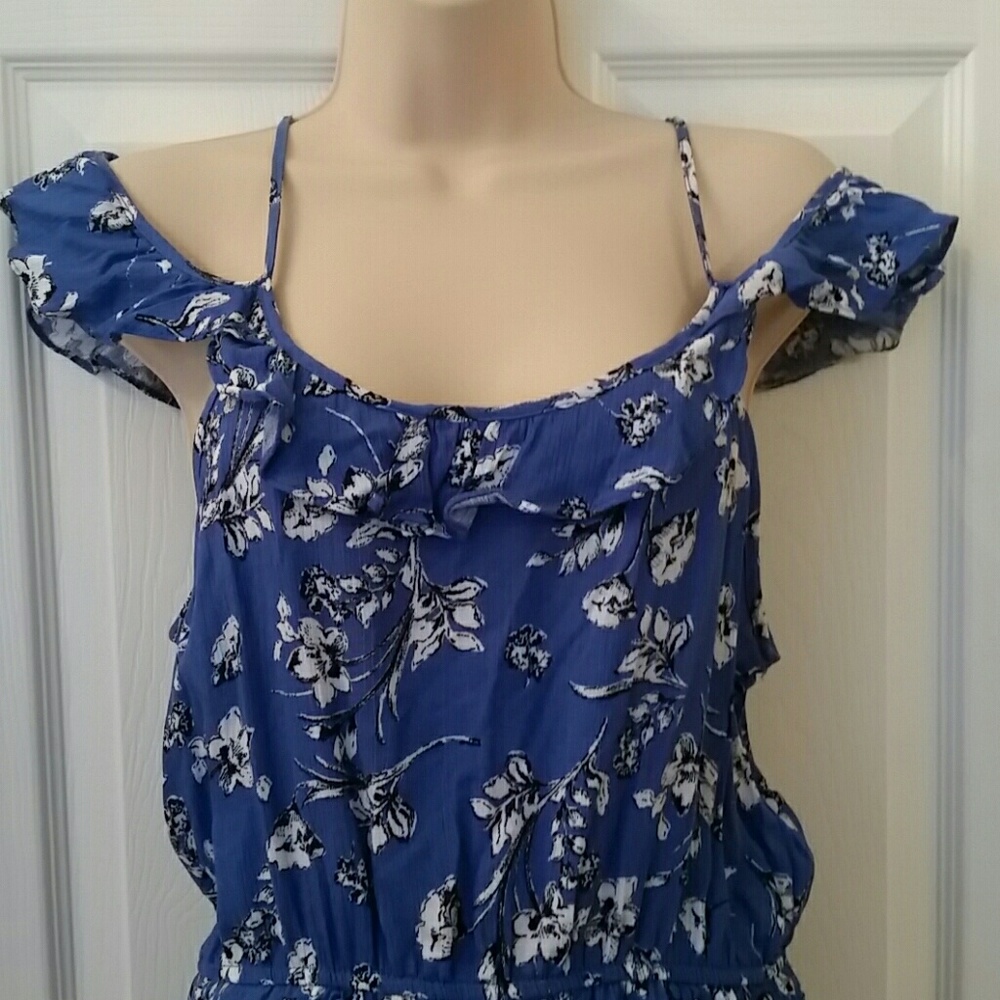 Romper: blue and white off the shoulder